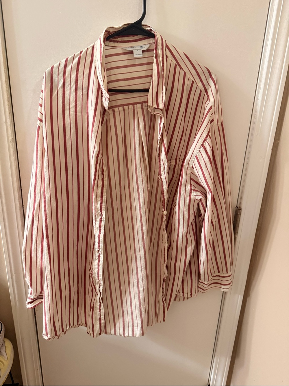 Women’s Red and White Striped Button-Up Shirt